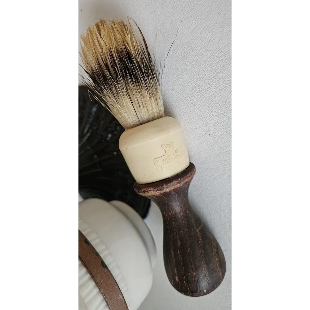 Antique Shaving Set Scalloped Edge Mirror Mug & Brush Holder Americana